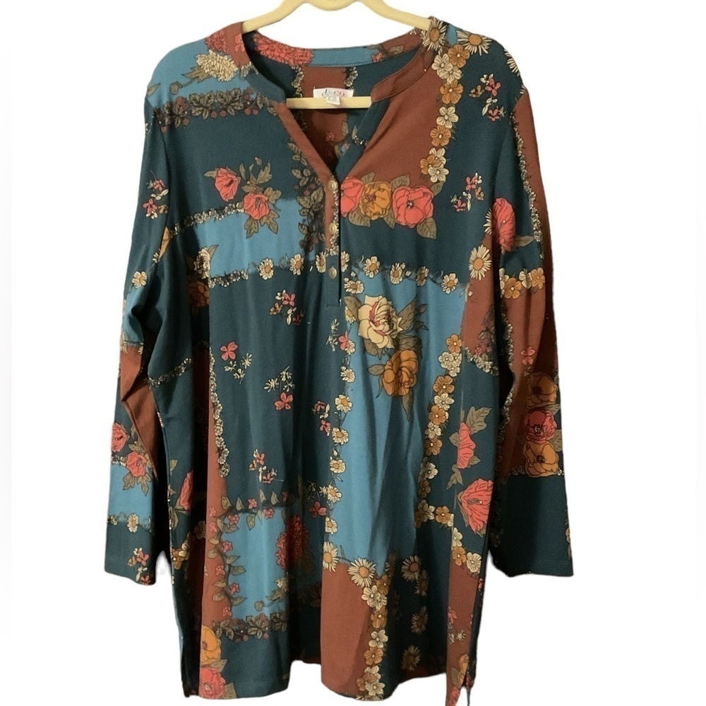 Denim & Co Long Sleeve Cotton Blend Floral Top Size 2X